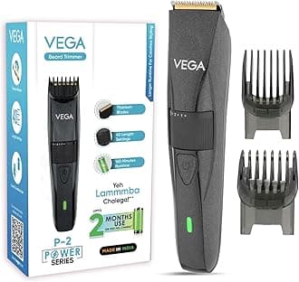 Vega P-2 Beard Trimmer for Men | Titanium Blades | 40 Length Settings | 160 Min Runtime | 2 Comb Attachment | Cord & Cordless Use | Type-C Fast Charging | Battery Powered | (Power Series P2, VHTH-26)
