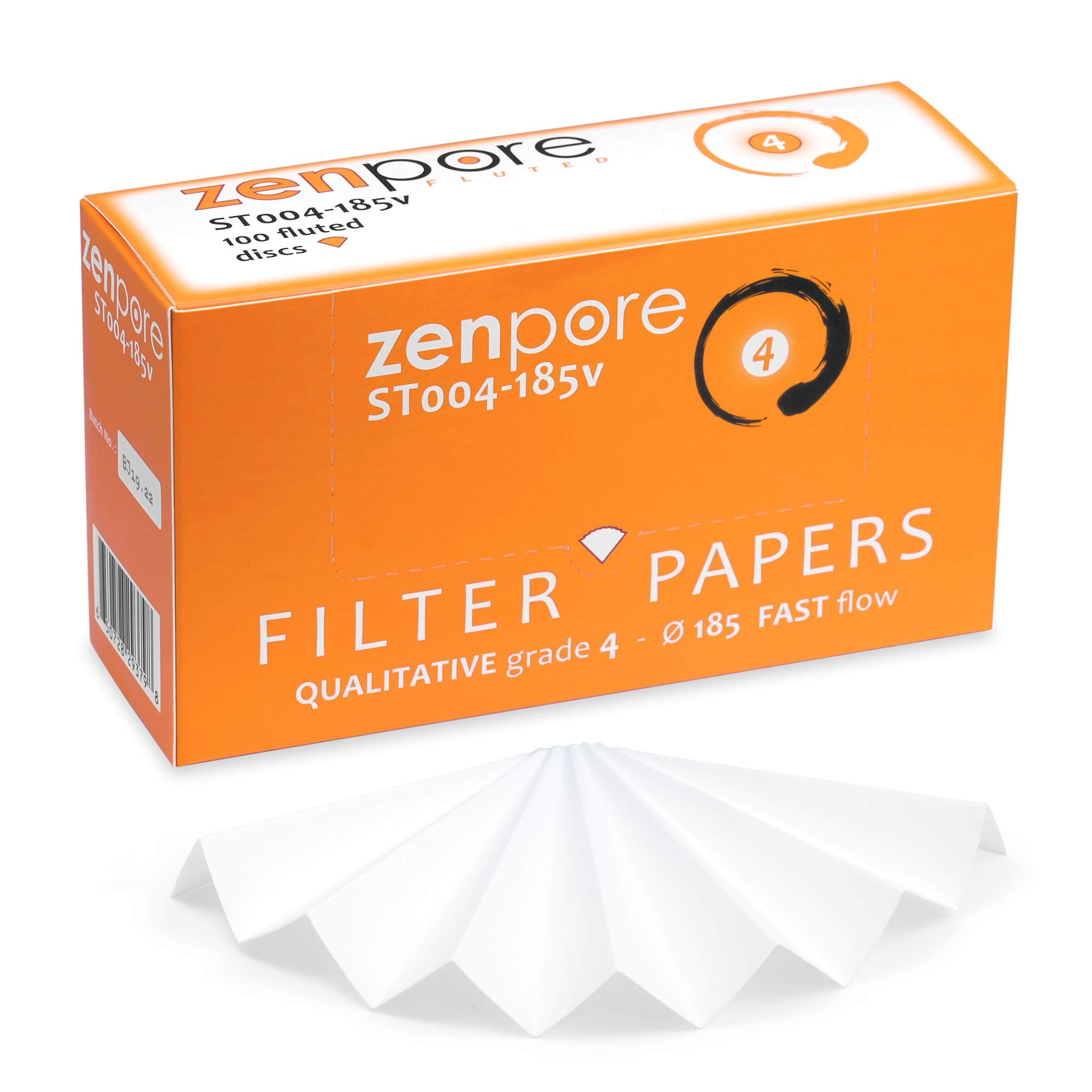 18.5 cm Fluted Filter Paper, Pre-Pleated (Folded), Qualitative Grade 4 - ZENPORE Fast Flow 185 mm (100 Discs)