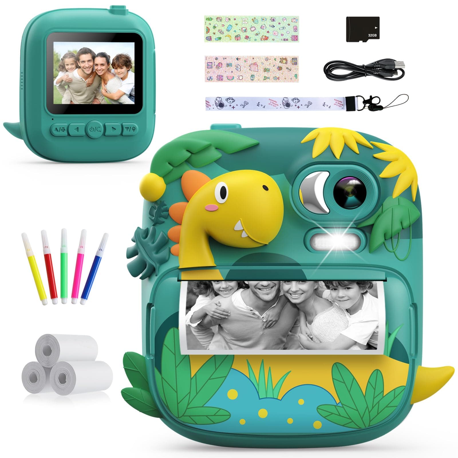 Kids Camera Instant Print, CAMCLID 2.4 Inch Screen Camera for Kids Dinosaur Children Digital Camera with 32GB Card & 3 Rolls Paper, Christmas Birthday Gift Toys for Boys Girls 3-12 Age (Green)