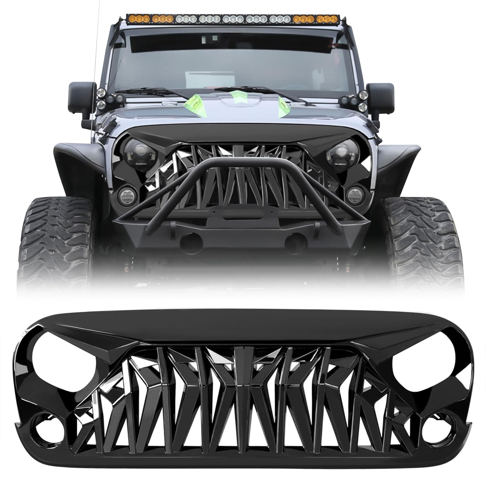Front Grill Shark Grille Compatible with 2007-2018 Jeep Wrangler Rubicon Sahara Sport JK JKU, Glossy Black
