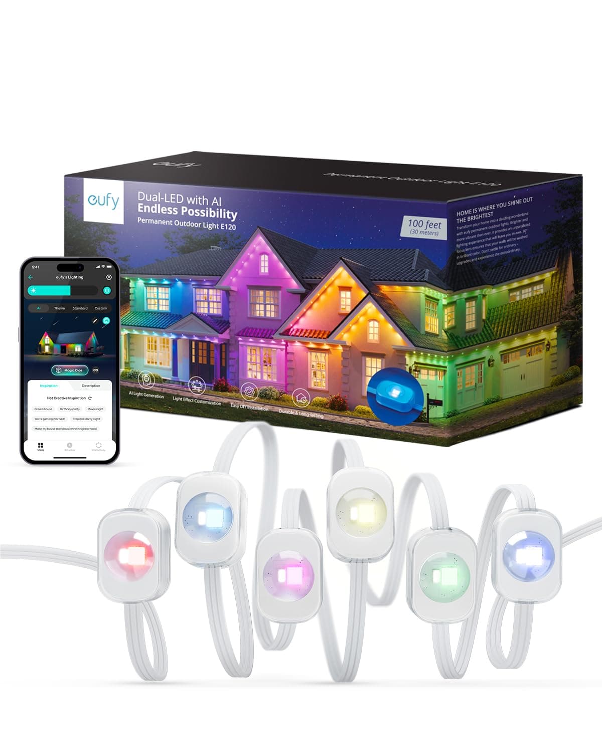eufyPermanent Outdoor Light E120, 100ft with 60 Dual-LED RGB and Warm White Eave Lights, App Control, AI Light Design, Endless Themes for Halloween, Christmas Lights, Works with eufy cameras, T8L00