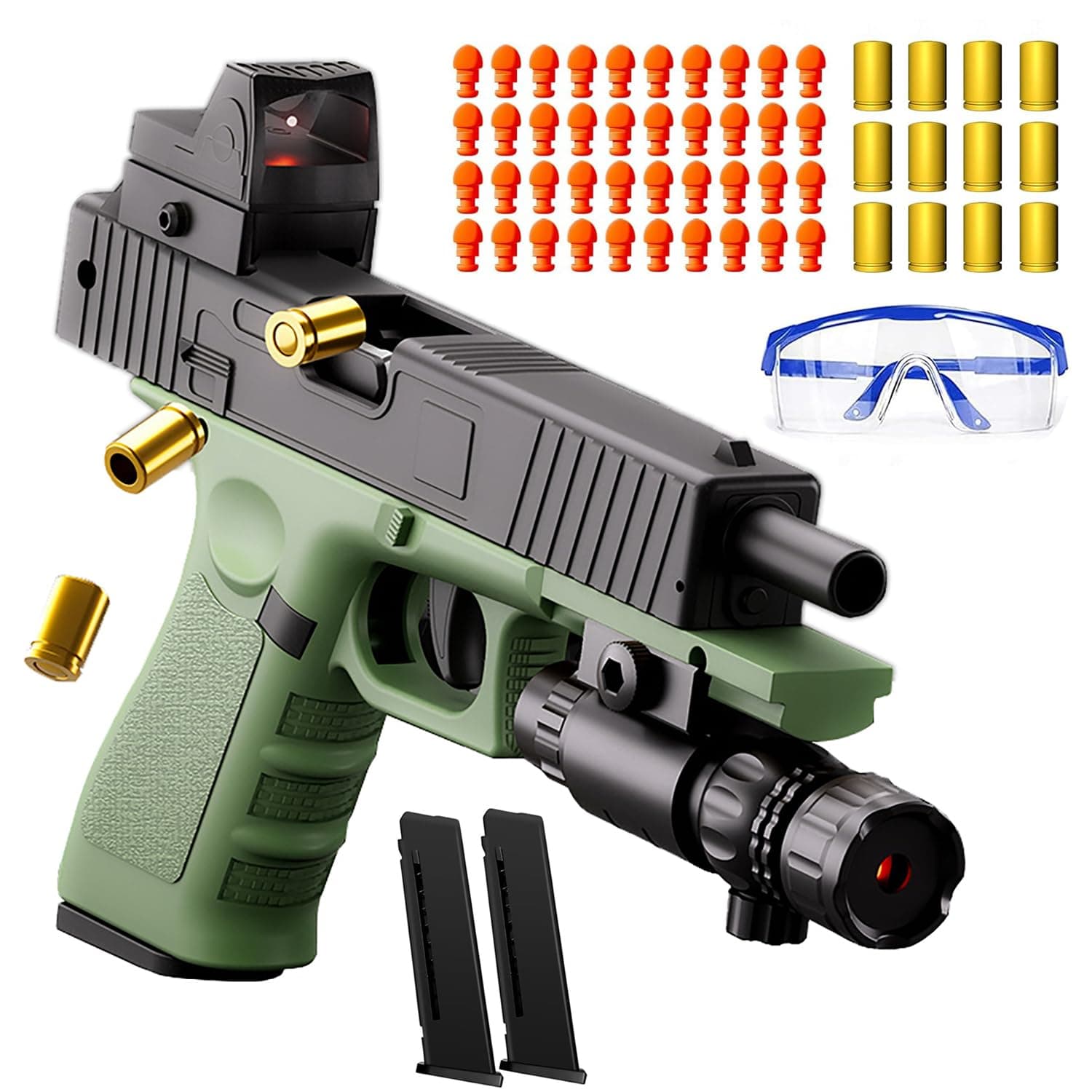 Soft Bullet Toys Gun Pistol, Automatic Continuously Empty Shell Ejecting Toy Gun, 40 Soft Foam Bullets, 2 Magazines, Pistol Education Model Toys (Glock Green)