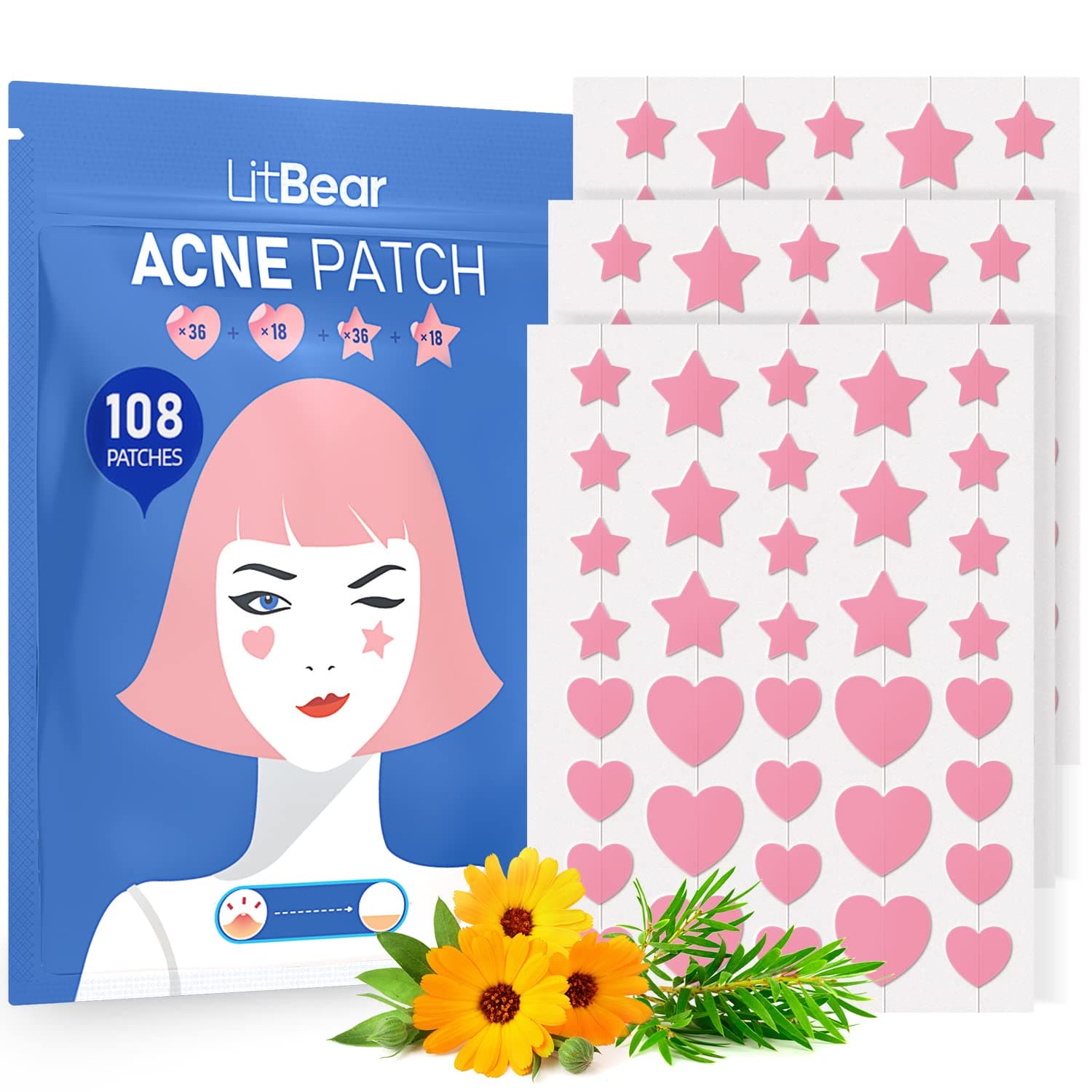 Acne Patch Pimple Patch, Pink Heart & Star Shaped Absorbing Cover Hydrocolloid Patches For Face Zit, Acne Dots, Tea Tree Oil + Centella (108 Count (Pack of 1))