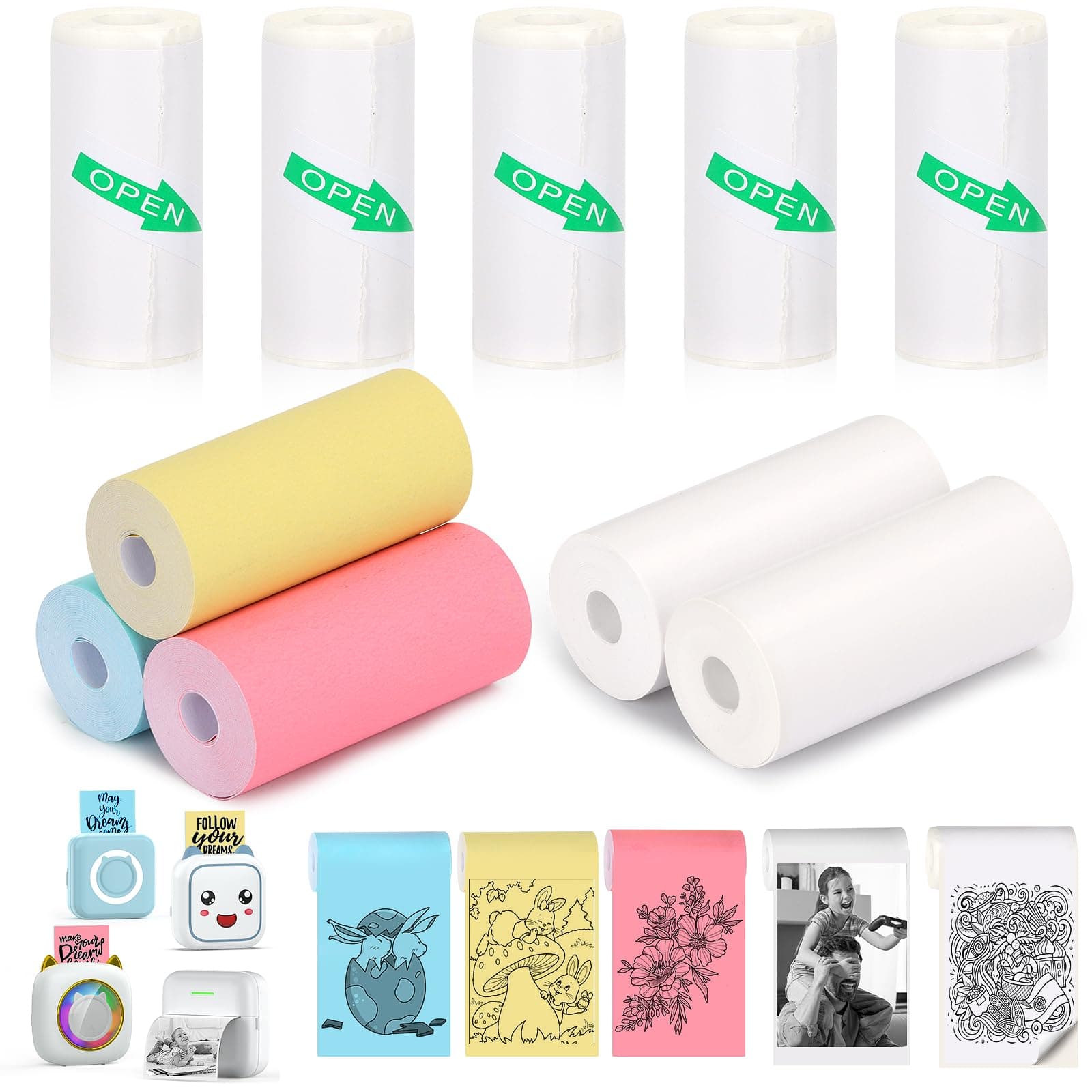 10 Rolls Mini Printer Paper - 5 Thermal Sticky & 5 Plain, 57X25mm for Inkless Printer, Notes, Journal, Memo, Photo, Study