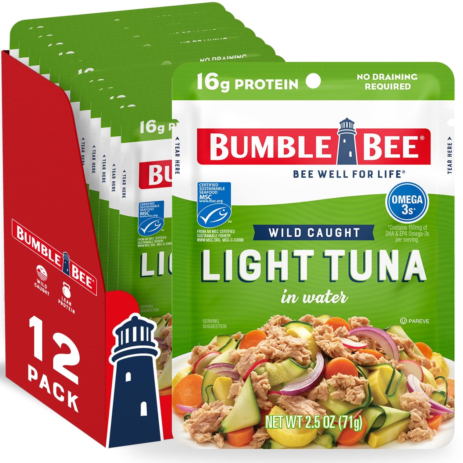 Chunk Light Tuna in Water, 2.5 oz Pouches (Pack of 12) - Ready to Eat Wild Caught Skipjack Tuna Packet - 16g Protein per Serving - MSC Sustainable Seafood, Non-GMO, Gluten Free, Kosher