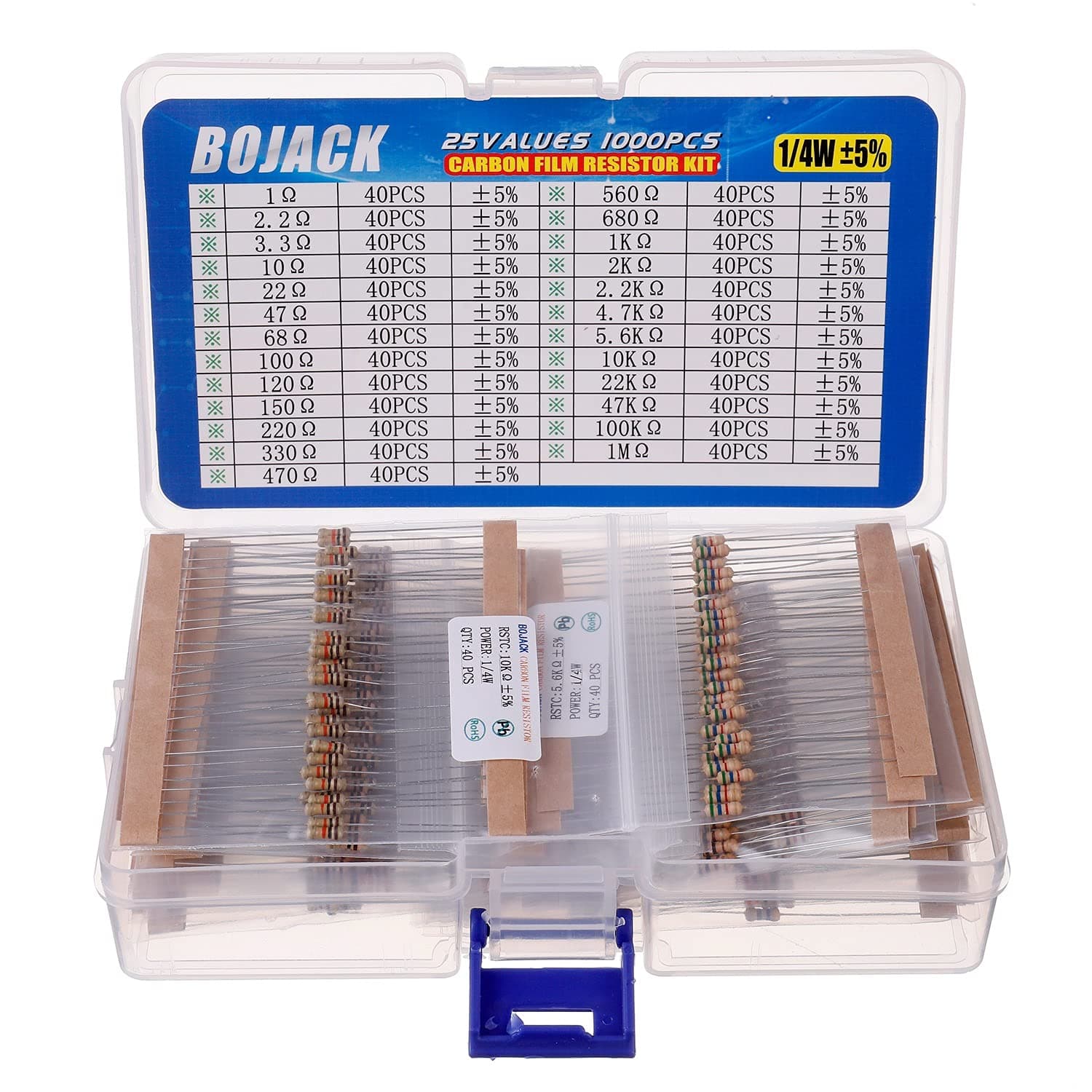 BOJACK Resistor Assortment Kit 1 Ohm - 1M Ohm 1/4W Carbon Film (25 Values 1000 Pcs)