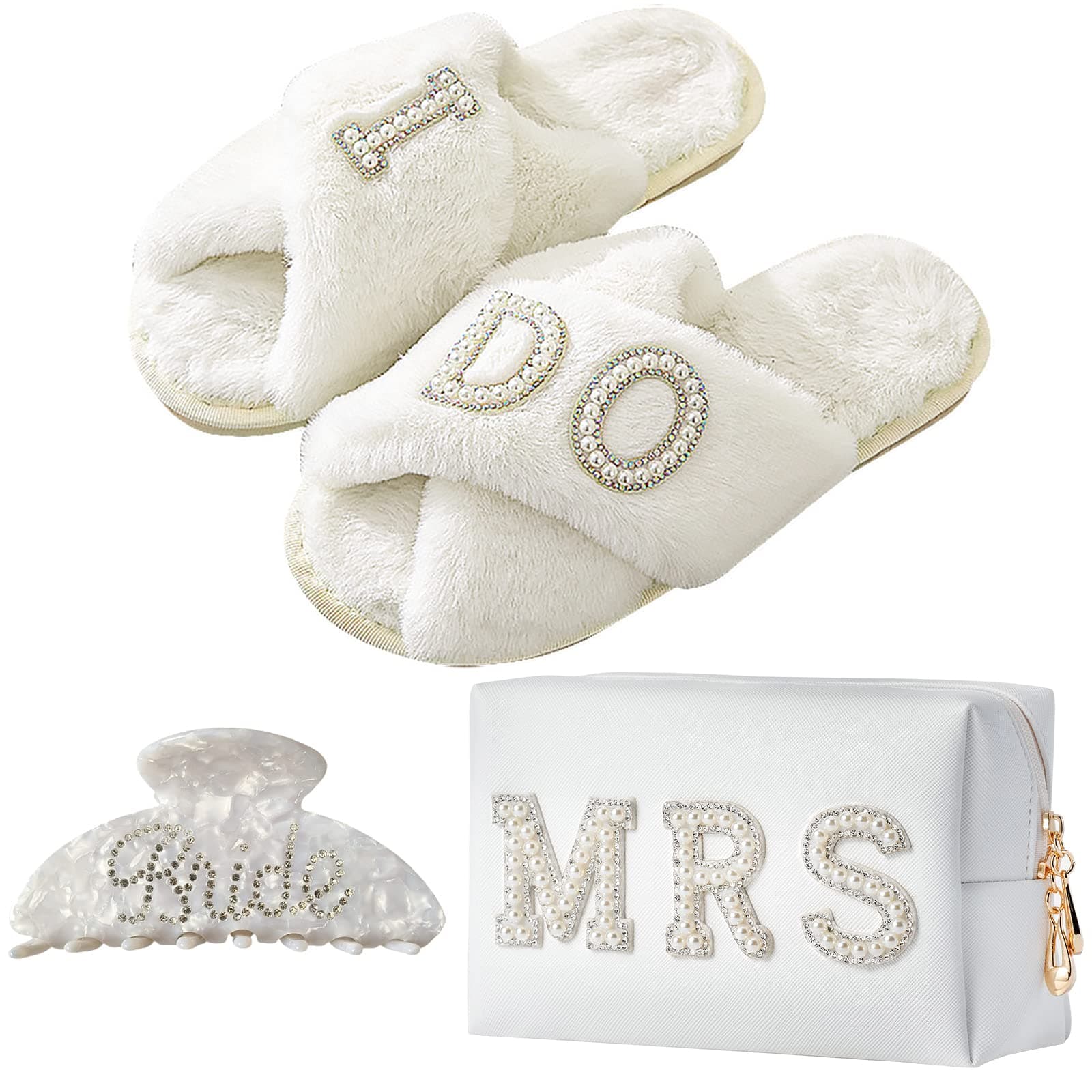 Bride To Be Gift Set Bride Makeup Bag I Do Bride Slippers Bride Robe Bride Hair Clip Bride Gifts Wedding Gifts (Slippers+Makeup Bag+Clip)