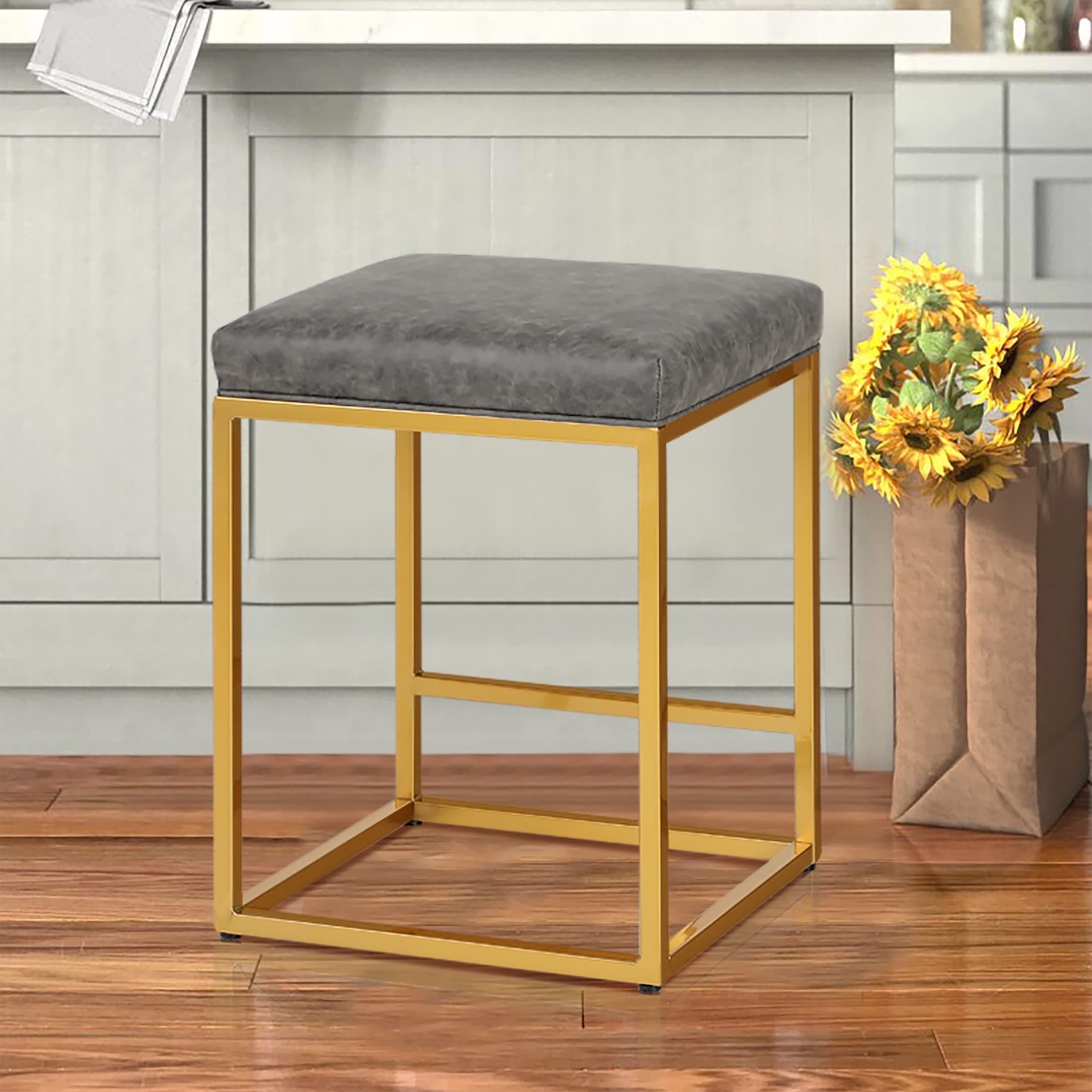 ALPHA HOME Bar Stool Counter Height Stool PU Leather with Square Cushion Backless Chair with Footrest Sturdy Chromed Gold Metal Steel Frame, Grey