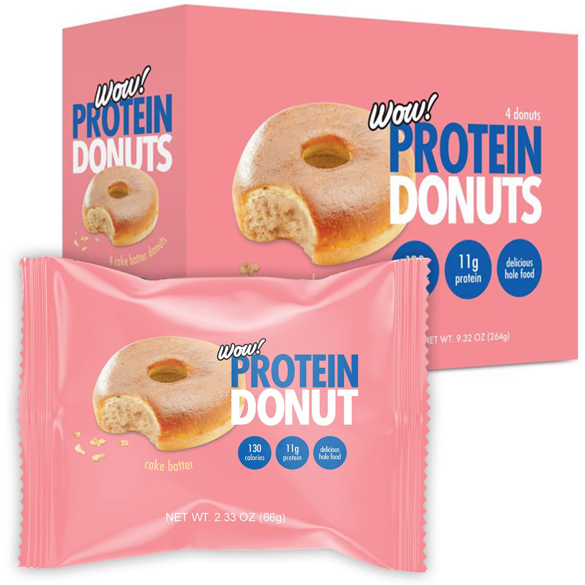 Wow! Protein Donuts, High Protein Snacks, Low Carb, Low Calorie, & Low Sugar, Healthy Snack with 11g of Protein (Cake Batter, 4 Pack)