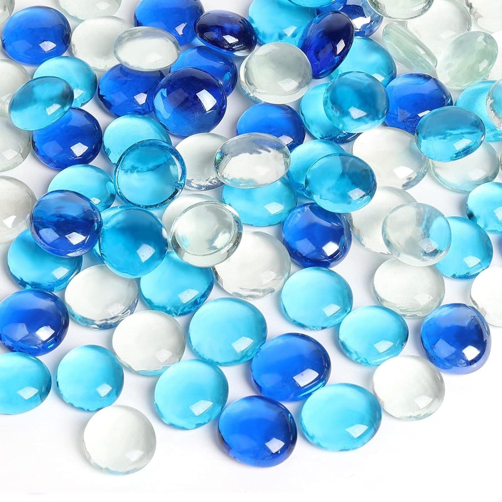 FUTUREPLUSX 1 pounds, Flat Glass Marbles, Blue Mixed Gemstone Vase Fillers Beads Decorative Glass Pebbles Floral Fish Tank Rocks for Vases Table Scatter Aquarium Decor