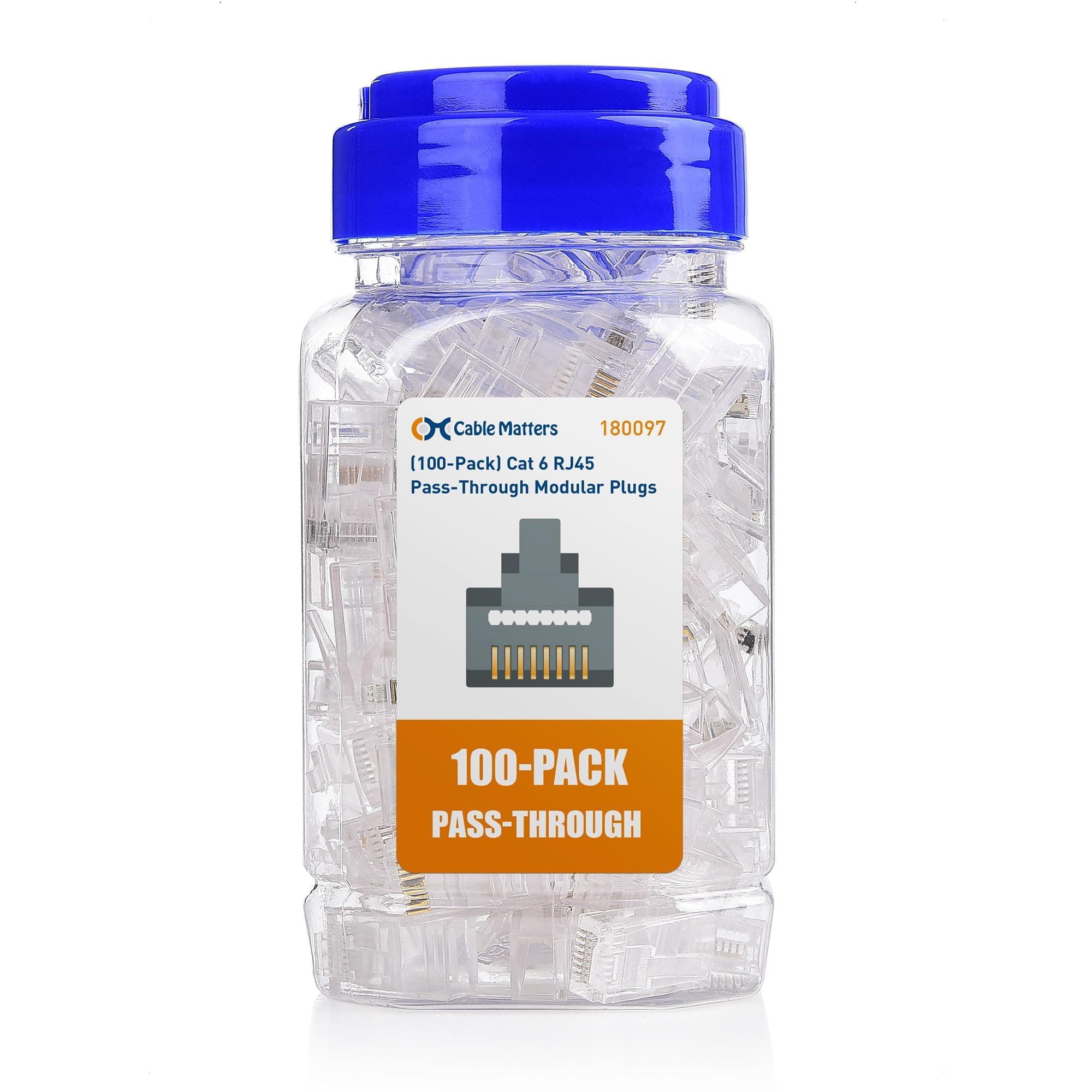 Cable Matters 100-Pack Cat 6 Pass Through RJ45 Connectors (RJ45 Pass Through Connectors / Cat6 Connector / RJ45 Connector Cat6/Ethernet Connectors) for Solid or Stranded UTP Ethernet Cable