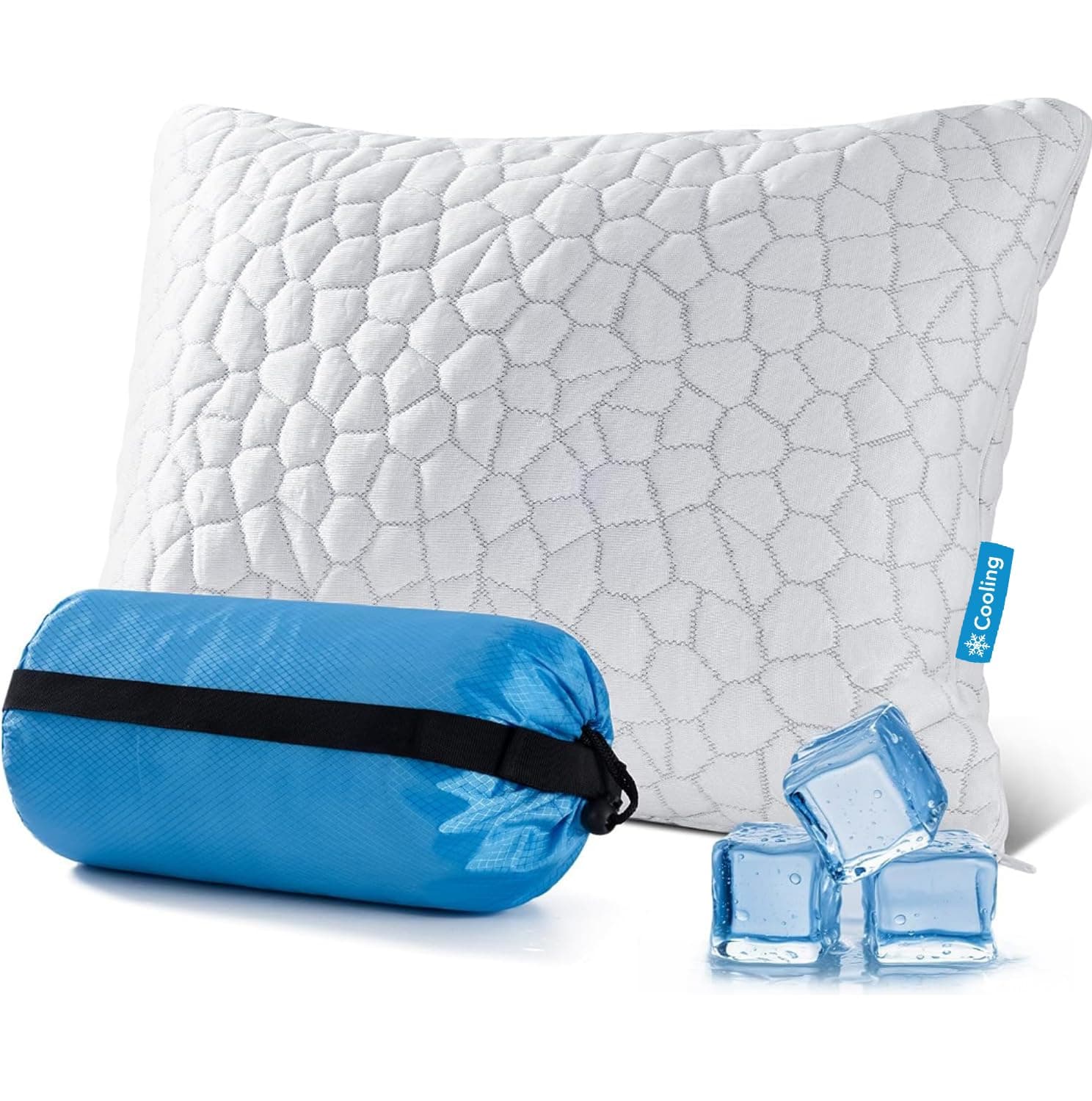 QUTOOL Cooling Pillow for Sleeping, CertiPUR-US Shredded Memory Foam Camping Pillow Set of 1, Backpacking for Hiking Gear, Portable Pillow with Travel Storage Bag, Soft Yet Support,White