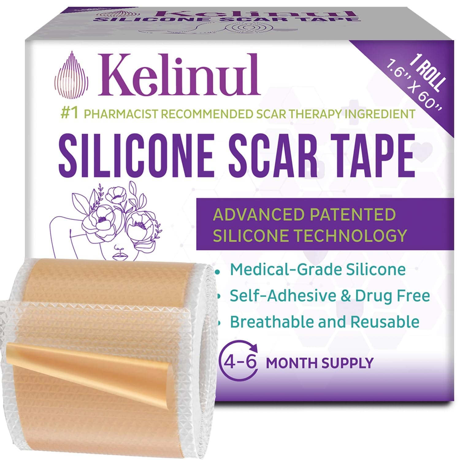 Silicone Scar Sheets(1.6'' x 60''Roll-1.5M) - Soft Silicone Gel Scar Tape Painless Silicone Tape Roll - Reusable, Medical Grade Silicone Scar Removal Strips for C-Section & Keloid Surgery, Burn, Acne