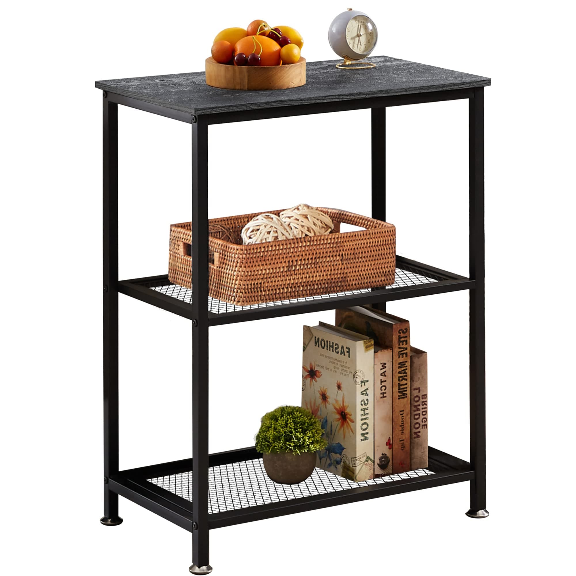 VECELO Tall End Side Tables, 30" Height Nightstand with 3-Tier Storage Shelf for Bedroom Living Room, Easy Assembly,Industrial Style, Carbon Grey