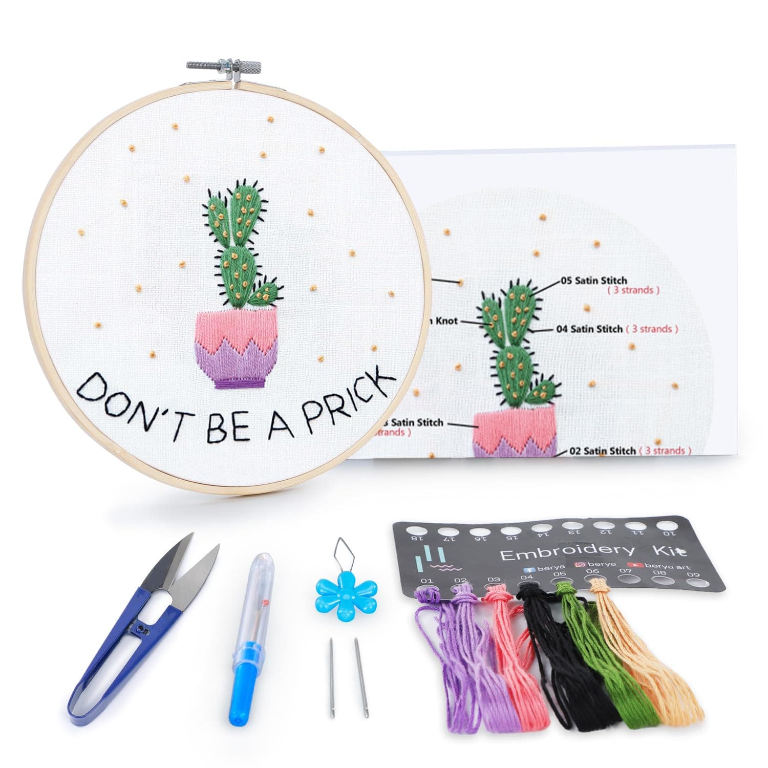 BERYA Cactus Embroidery Kit Including Video Step by Step Instructions Embroidery Hoop,Color Threads and Embroidery Scissors for Beginners-Handmade Needlepoint Kits for Adults