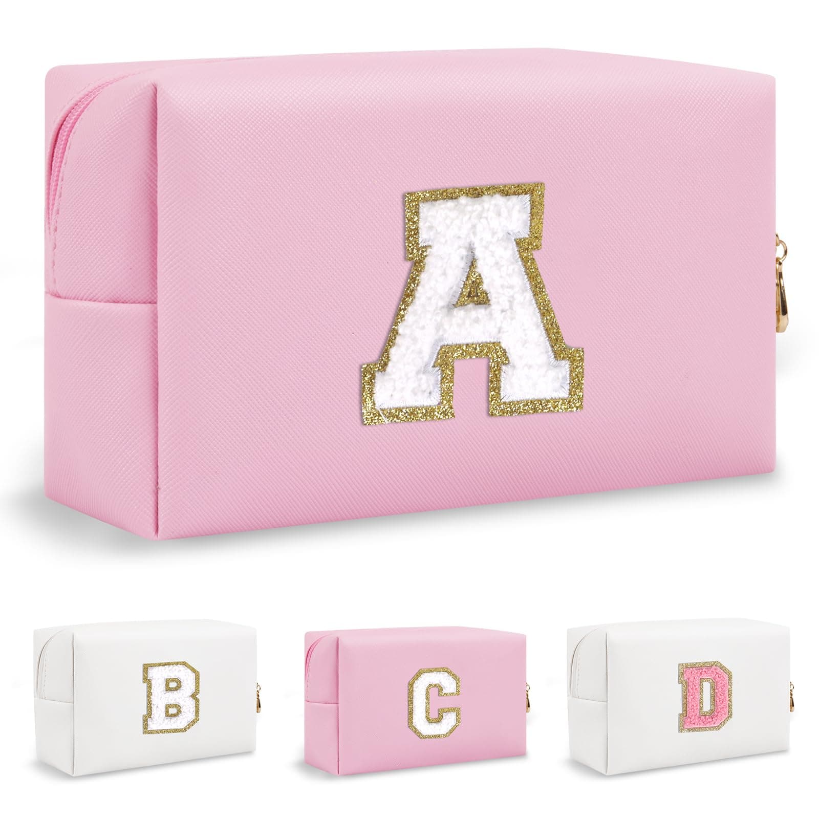 BiileenPersonalized Initial Preppy Patch Makeup Bag, Small Travel Pink Cute Cosmetic Pouch Makeup Organizer Toiletry Zipper Pouch, Monogram Waterproof PU Chenille Letter Storage Bag Gift for Women(Letter A)