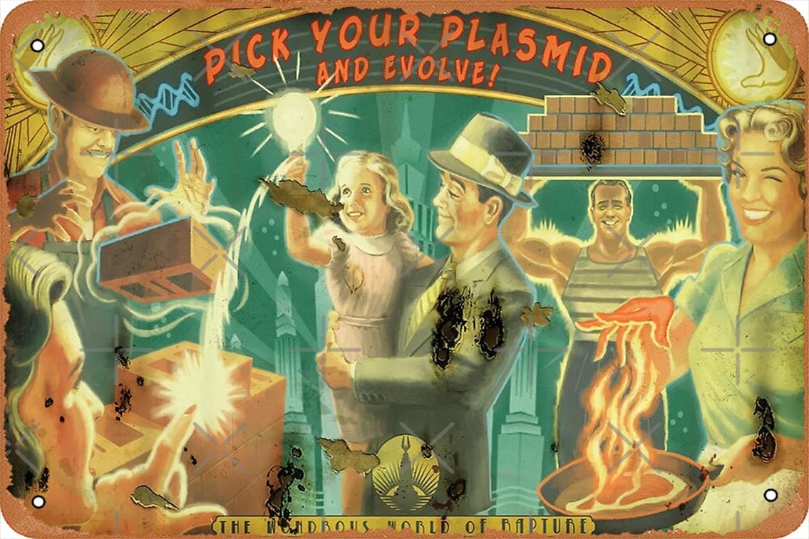 Wall Decor Sign - Bioshock – Pick Your Plasmid and Evolve Poster - 8X12 Inch Vintage Look Metal Sign,Bar, Man CAVE Art Decoration, 8inchx12inch