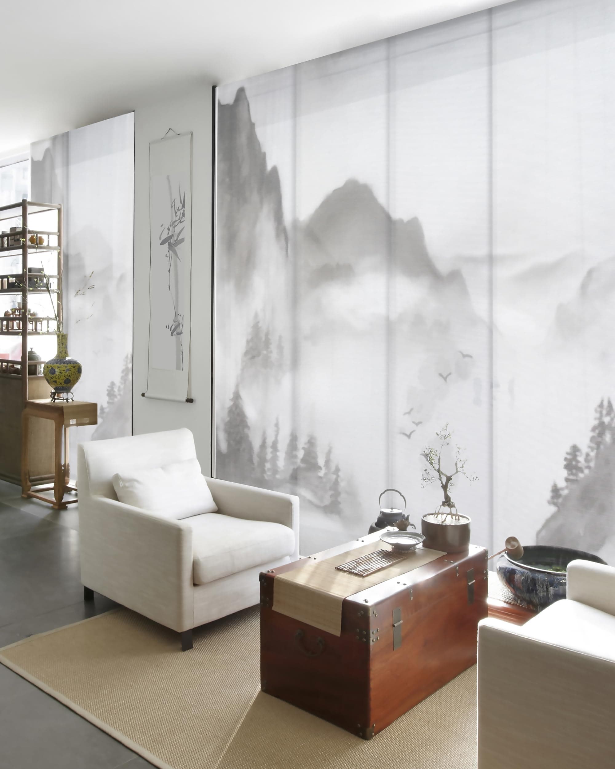 GoDear Design Airflow Sheer Adjustable Sliding Vertical Blinds, Cordless Trendy Door Blinds, Room Dividers, 45.8"- 86" W x 96" H, Extendable Track, Iridescent Panel Curtains, Art Prints, Shangri-La