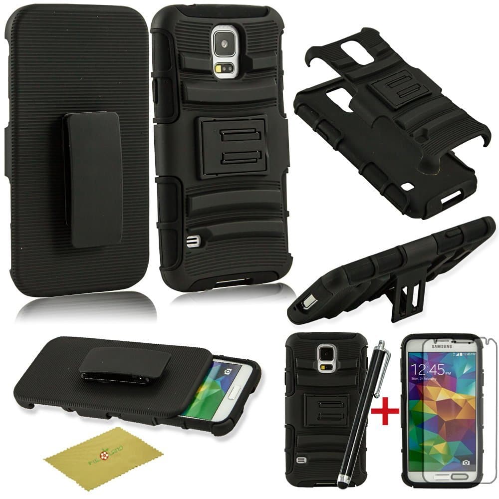 Galaxy S5 Case, Fulland Prime Series Dual Layer Holster Case with Kick Stand and Locking Belt Swivel Clip for Samsung Galaxy S5 I9600 with Stylus & Screen Protector-Black/Black