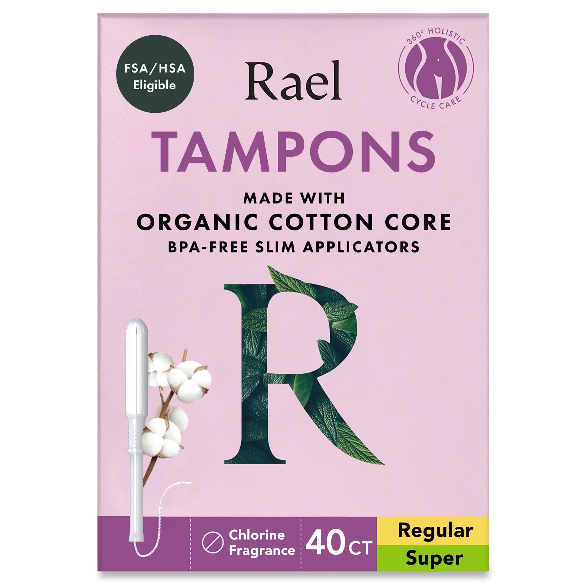 Rael Tampons, Slim Applicator with Organic Cotton Core, Multipack, Regular and Super Absorbency, BPA-Free, Leak Locker Technology, Unscented, Chlorine-Free (40 Count, Bundle)