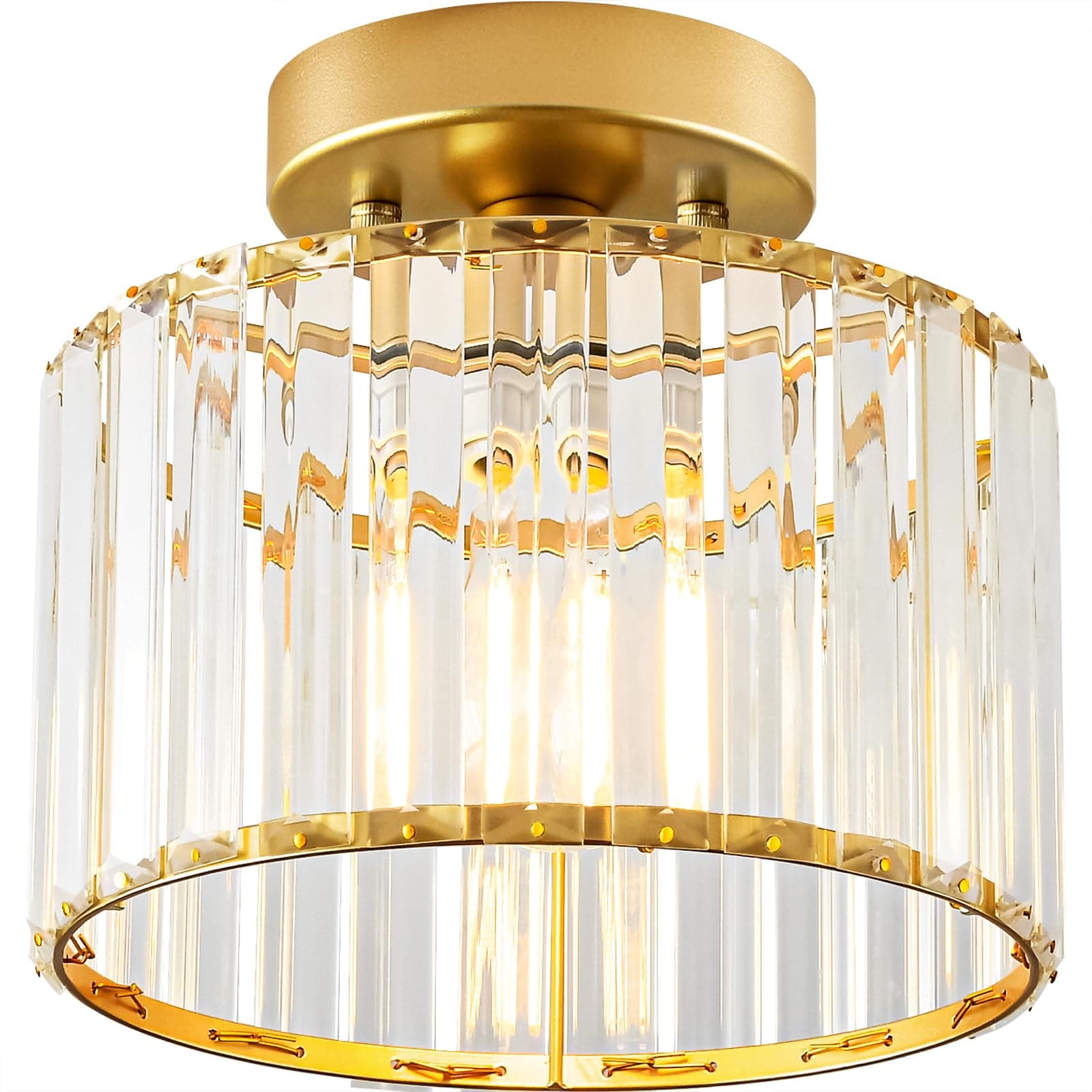 Crystal Gold Semi Flush Mount Ceiling Light, Modern Hallway Light Fixture, Metal Close to Lamp for Bathroom Entryway Bedroom Kitchen(8.66 inch)