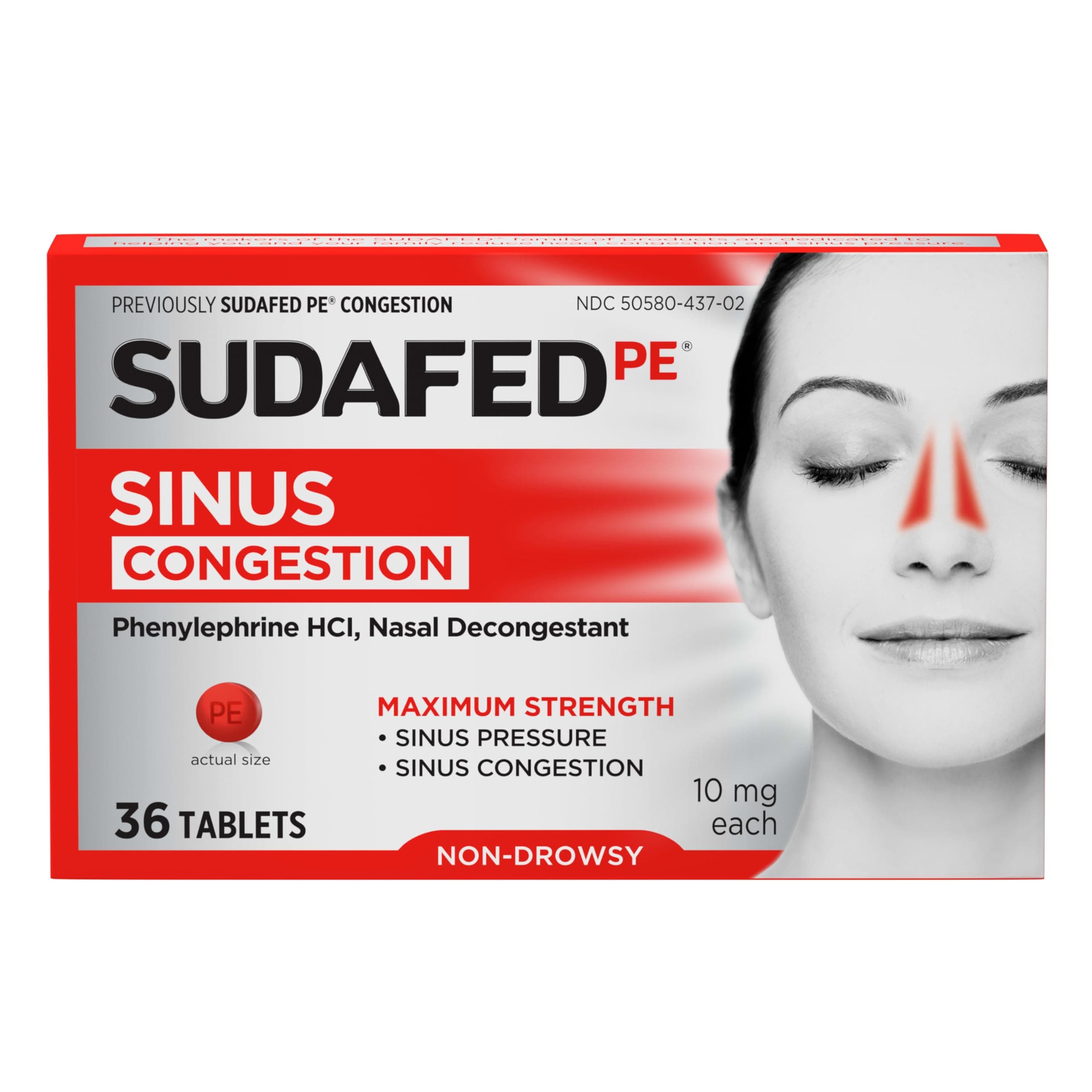 PE Sinus Congestion Relief Tablets, Maximum Strength, Non-Drowsy 10 mg Phenylephrine HCI Decongestant for Sinus Pressure & Nasal Congestion Relief, Due to Cold or Allergies, 36 ct