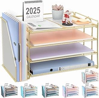 4-Tier Paper Organizer With Magazine Holder, Desk Organizers and Accessories, Desk Accessories & Workspace Organizers, File Organizer for Office Supplies Storag (Gold, 4-Tier)