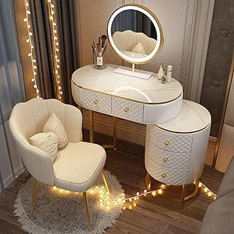 Vanity Set - Makeup Vanity Desk with Smart LED Mirror and Chair, Luxurious Makeup Table with 5 Drawers ＆ Metal Legs, Suitable for Her (White, 32'')