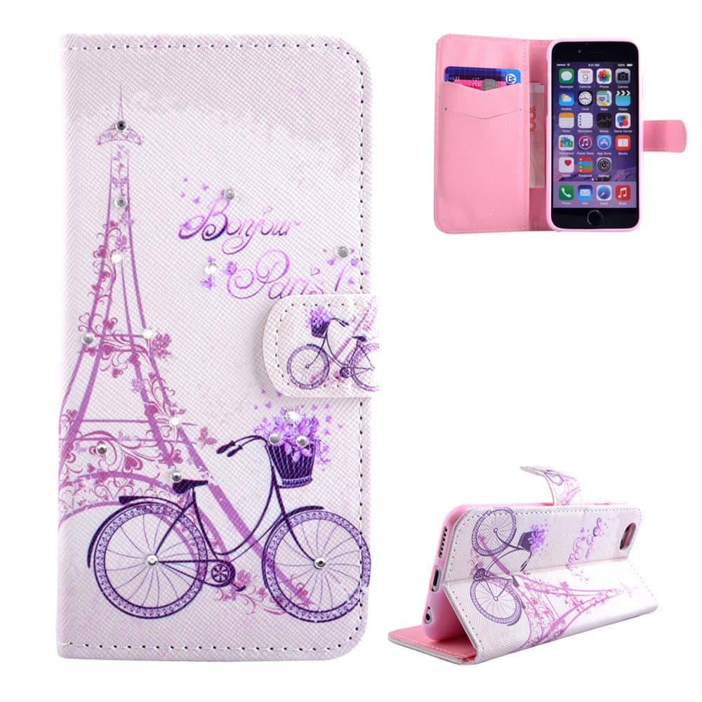 iPhone 6 plus Case, Lundan Fresh Series Magnetic Bling Diamond Rhinestone PU Leather Wallet Case Flip Cover for iPhone 6 plus, with Card Slots and Stand Function, Bicycle