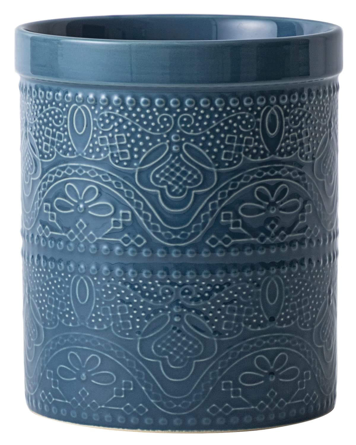 Fun Elements Kitchen Utensil Holder, 7.2" Super Large Utensil Crock Heavy and Stable Lace Emboss Ceramic Utensil Holder for Kitchen Counter (Grayish Blue)