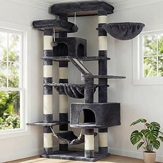 - Heybly Cat Tree, 71-Inch-Tall Tower for Indoor Cats with 2 Perches, 2 Big Condos, 2 Hammocks, Basket, Scratching Pad, Large Cat Furniture and Condo, Smoky Gray HCT034G