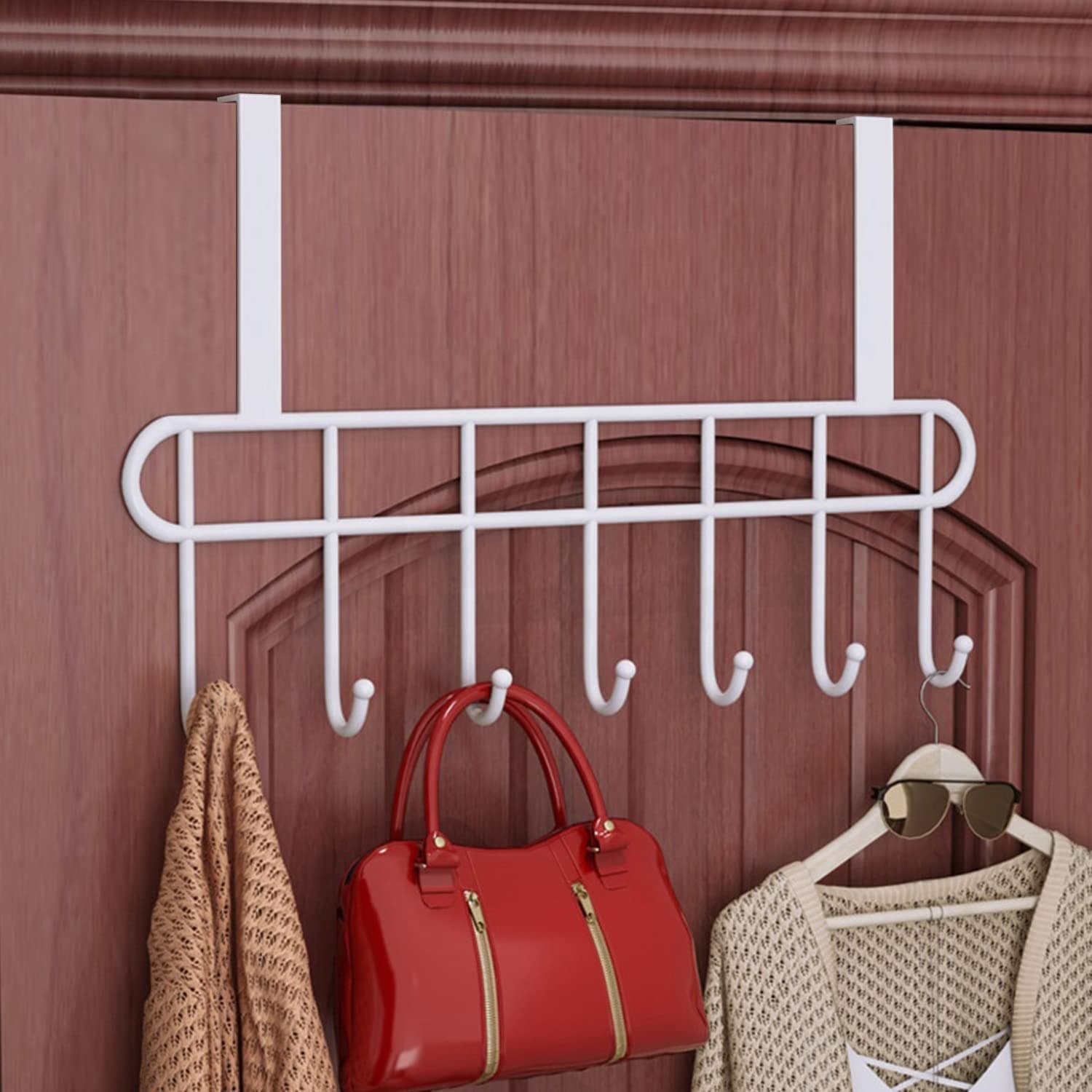 Everline Multi Functional Steel Over The Door Hook Hanger Organizer Wall Hook Rack for Hanging Clothes Jeans Umbrellas Jackets Scarfs Bags Keys Towel in RoomKitchen Bathroom Black (7 Hook)