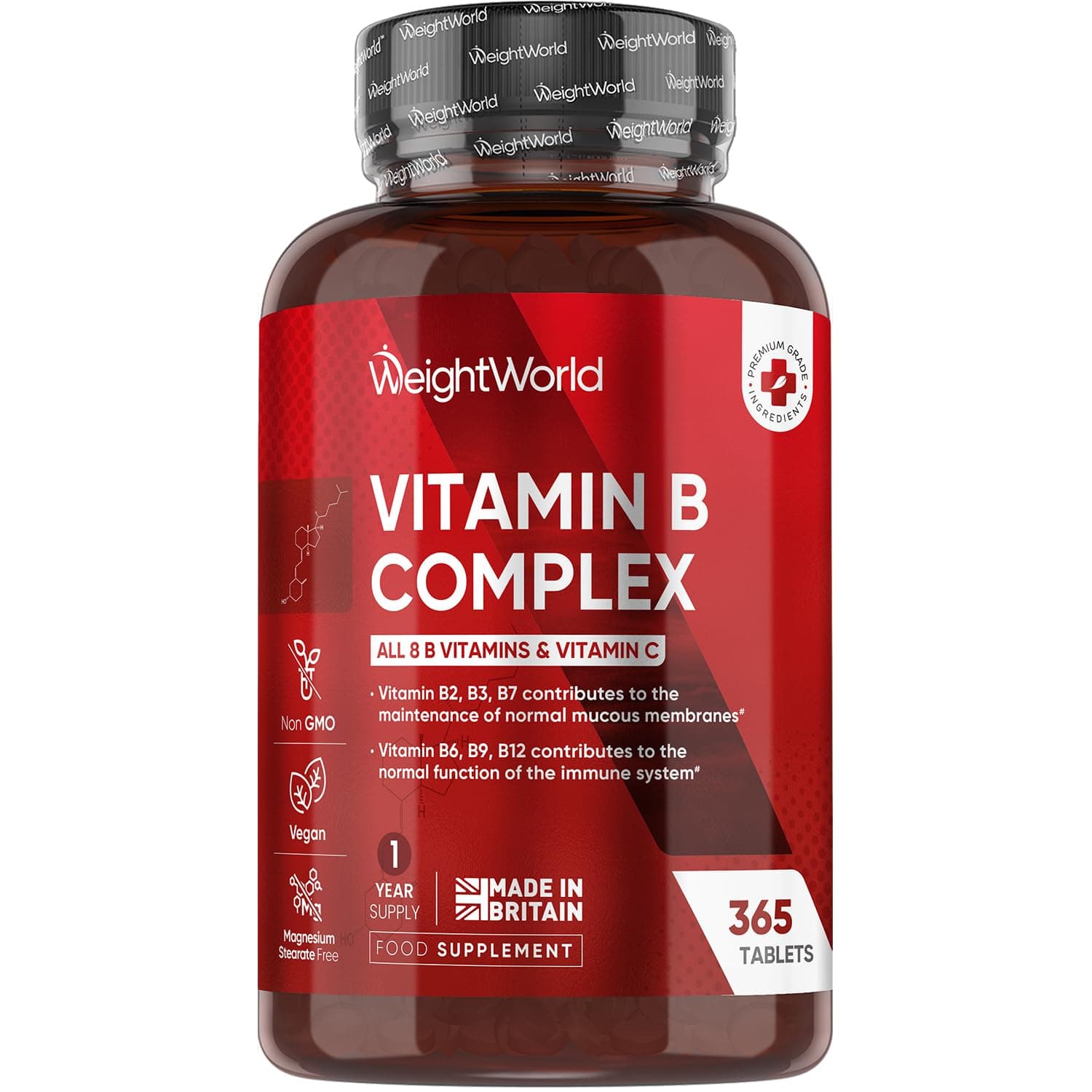 WeightWorld Vitamin B Complex - 1 Year Supply - 365 Vitamin B with Vitamin C Tablets - All 8 B Vitamin B12, B1, B2, B3, B5, B6, B7, B9 - With Ascorbic Acid, Biotin, Folic Acid - Vegan B Complex