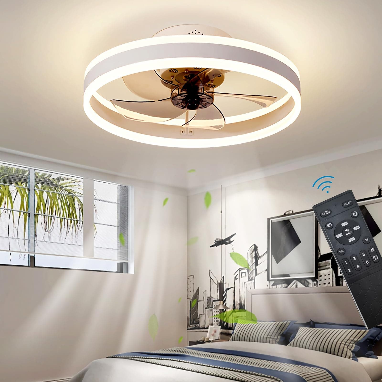 LED Ceiling Fans with Lights Reversible Remote, 6 Speeds Modern Bedroom Fan Ceiling Light Quiet Dimmable Small Ceiling Fan Light for Living Room, White 50CM