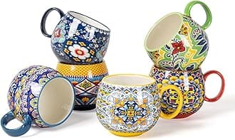 Boho Ceramic Coffee Mugs Set of 6 – 20 oz Large Porcelain Cups for Latte, Cappuccino, Tea, Cocoa & Soup – Microwave & Dishwasher Safe