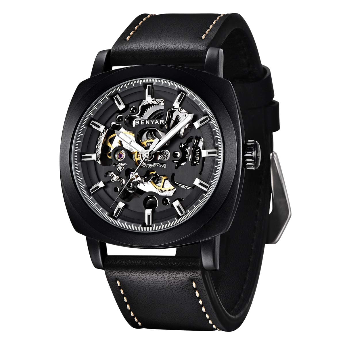 BY BENYAR Automatic Watch for Men Skeleton Mechanical 45mm Square Mens Watches 30M Waterproof Gift for Men