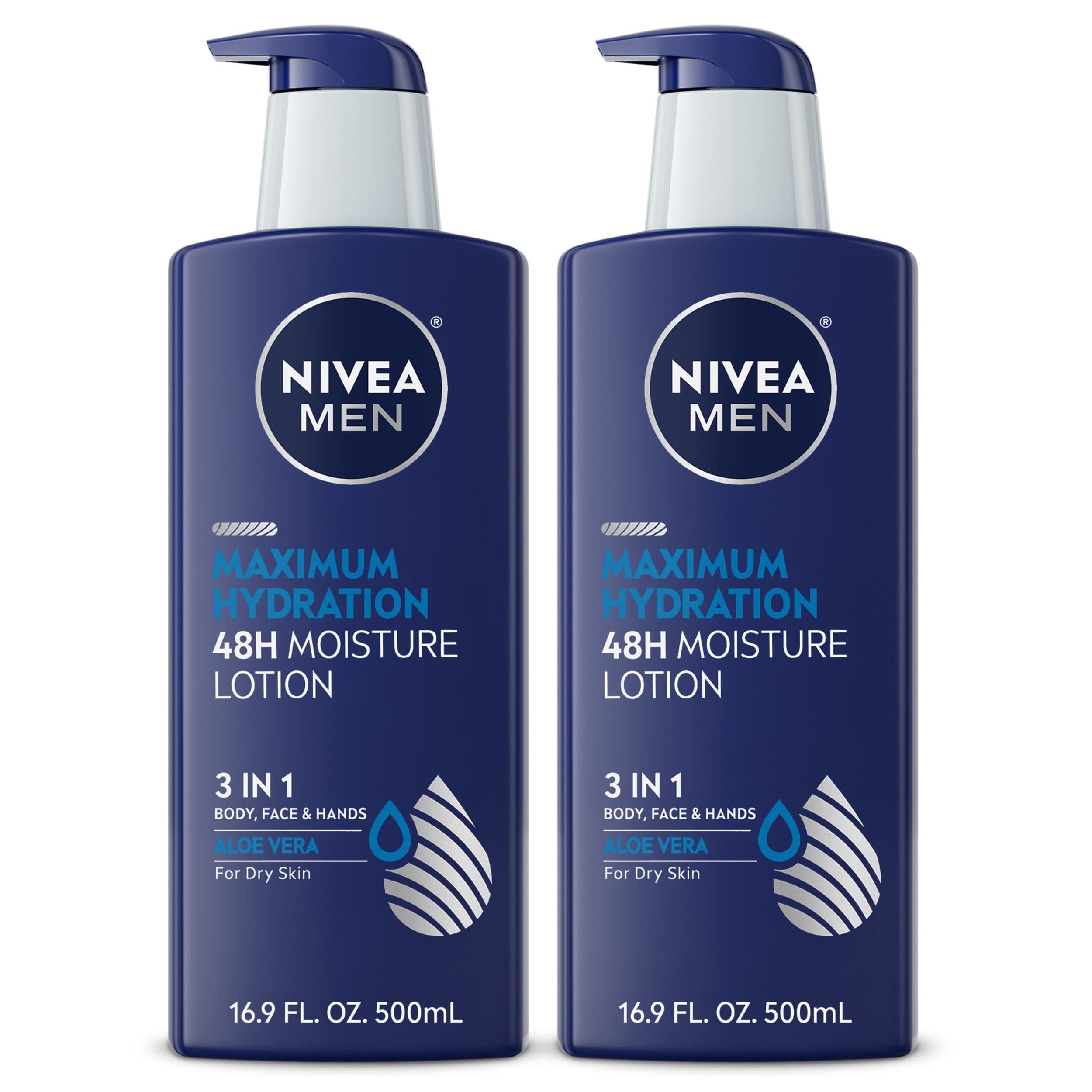 NIVEA MEN Maximum Hydration 48-Hour Moisture Body Lotion for Dry Skin, Aloe Vera Lotion for Men, 3-in-1 Body, Face and Hands, Dermatologically-Tested, 16.9 Fl Oz Bottle (Pack of 2)