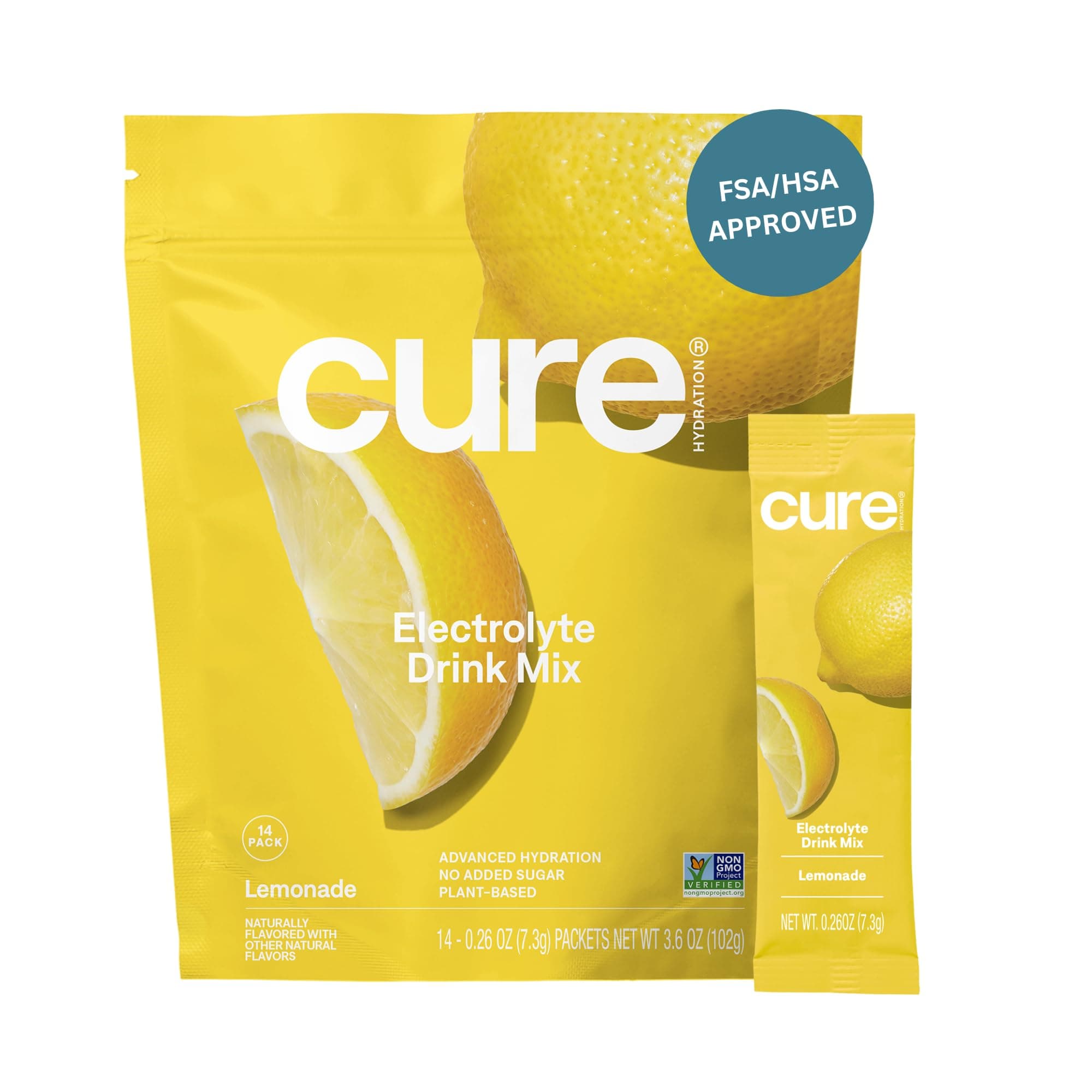 Cure Hydration | Plant-Based Electrolyte Drink Mix | No Added Sugar | FSA-HSA | Dehydration Relief Powder Made with Coconut Water | Non-GMO | Vegan | Pouch of 14 Packets - Lemonade