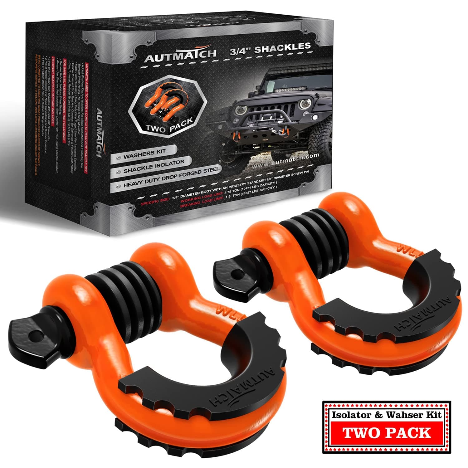 AUTMATCH Shackles 3/4" D Ring Shackle (2 Pack) 41,887Ib Break Strength with 7/8" Screw Pin and Shackle Isolator & Washers Kit for Tow Strap Winch Off Road Jeep Vehicle Recovery Orange & Black