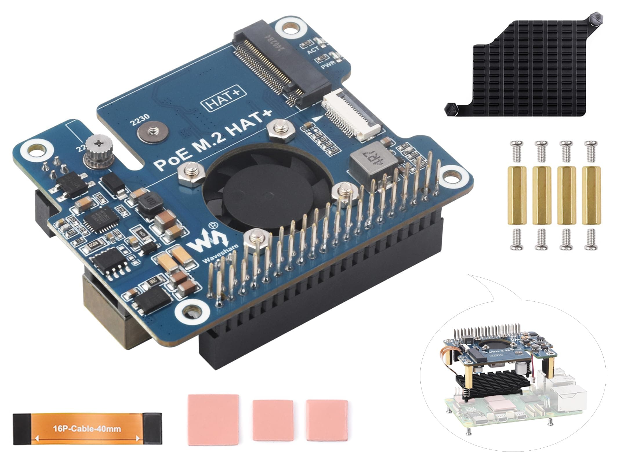 PCIe to M.2 Adapter with PoE Function Compatible with Raspberry Pi 5, Pi 5 POE HAT M.2-M-Key HAT+ Supports NVMe Protocol M.2 SSD 2230/2242, IEEE 802.3af/at Network Standard with Metal Heatsink