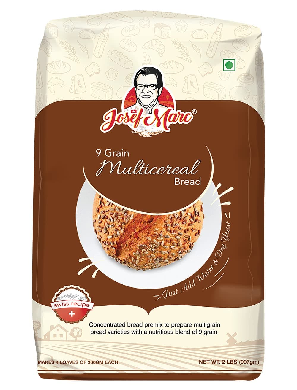 JOSEF MARC 9 Grain Multicereal Bread Mix, 2 LBS (907g) - 9 Grain Bread Mix, No GMO, No Artificial Color or Preservatives | Formulated in Switzerland