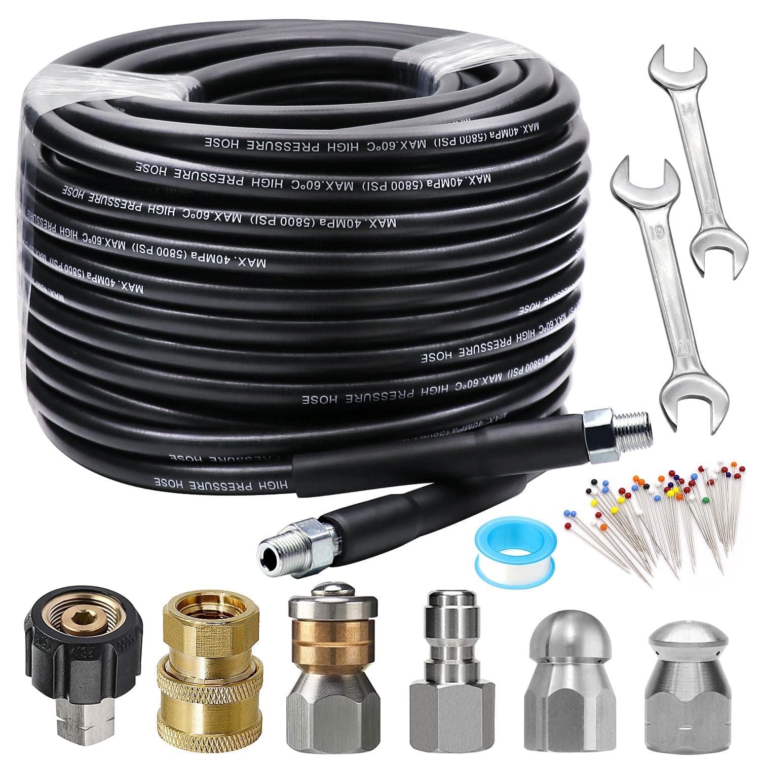 Sewer Jetter Kit 100FT for Pressure Washer, 5800PSI Drain Cleaner Hose 1/4 Inch NPT Corner Rotating and Button Nose Sewer Jetting Nozzle Spanner Waterproof Tape Pearl Corsage Pin