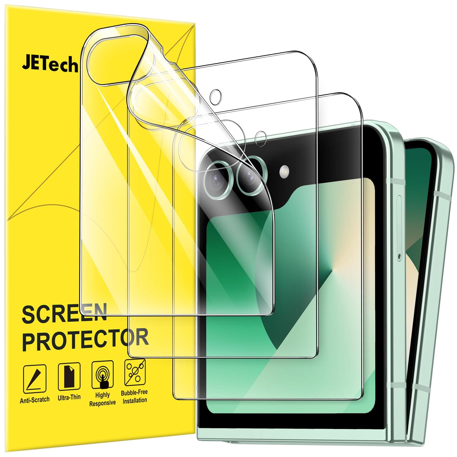 JETech Front Screen Protector for Galaxy Z Flip7FE 2025 / Z Flip 6 2024, Full Coverage PET Film, Case Friendly, HD Clear, 3-Pack