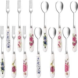 12 Pieces Forks and Spoons with Ceramics Handle, Stainless Steel Utensils Dessert Spoons and Forks Set for 6, Cutlery Set with Flower Pattern, Flatware Sets for Home Restaurant and Kitchen