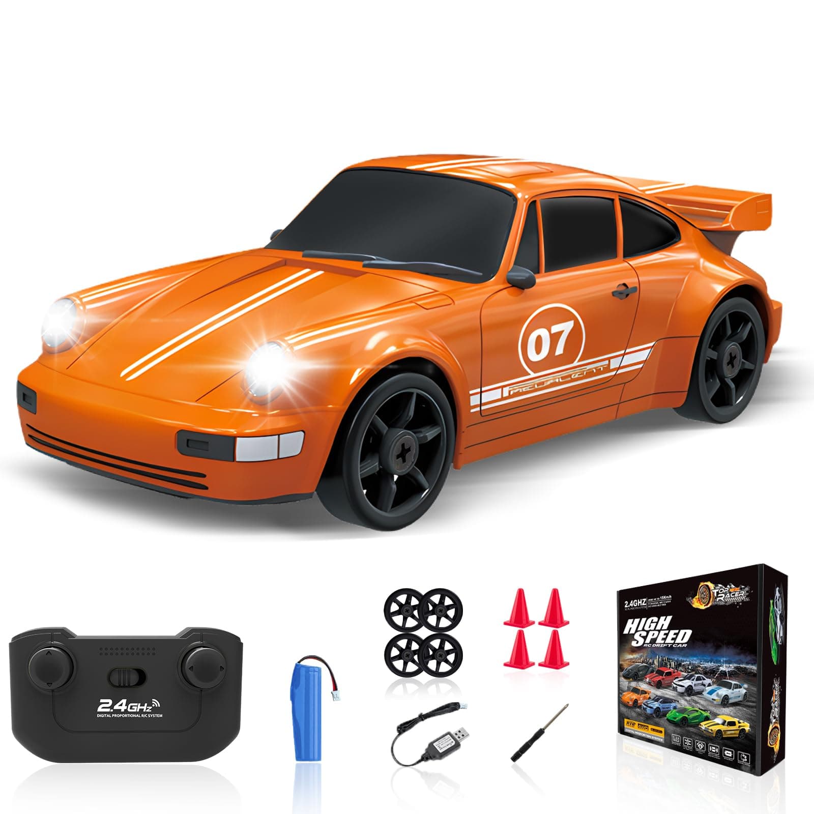 RC Drift Car 1/24 2.4GHz Remote Control Car 4WD High Speed Drifting RC Cars with Light Rechargeable Battery and Drift Tires Racing Cars Toys for Kids Adults Girl Boys, Orange
