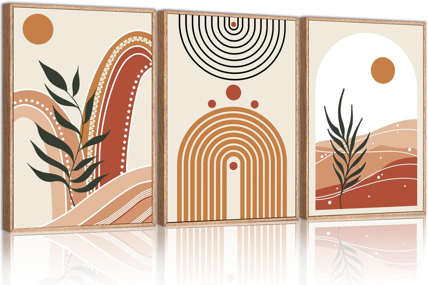 Boho Framed Canvas Wall Art Prints,Set of 3 Mid Century Modern Wall Art,Abstract Sun Desert Print,Bohemian Beige Green Botanical Poster,for Living Room,Bedroom,Dining Room,Office Decor 16"x24"inch