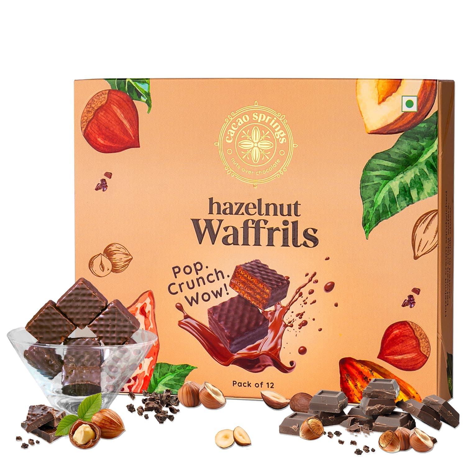 Cacao Springs Premium Hazelnut Waffrils Gift Box, Premium Choco & Nut Delicacy Waffle Chips, Great for Snacking, Premium Gift Hamper for Christmas Gifts, 12 Pieces in Each Box, 1 Box, 120gm