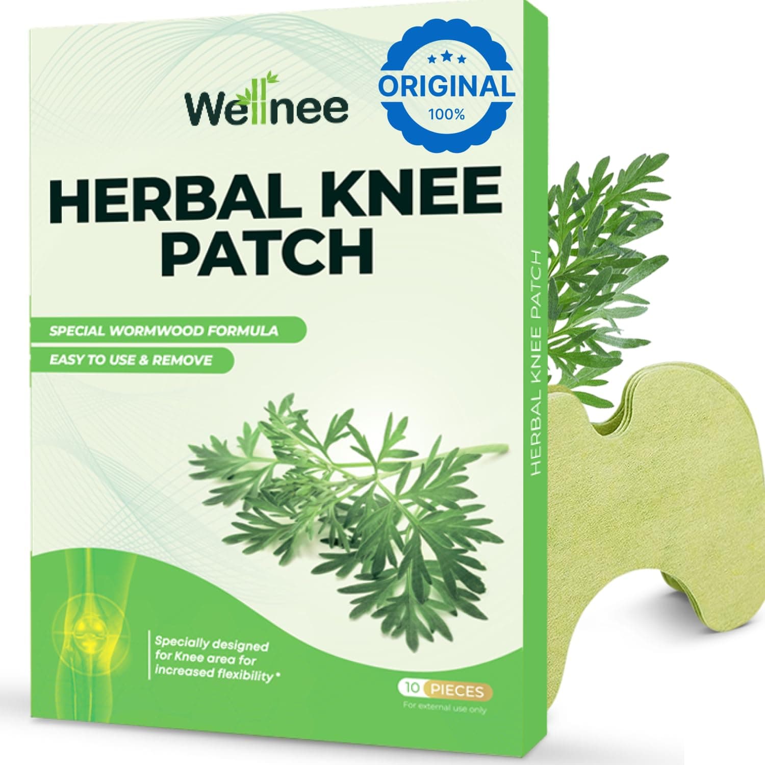 Wellnee Original Herbal Knee Patch - Wellknee Plaster for Knee Support & Muscle Pain - Maximum Strength for a Temporary Relief - Adhesive Heat Patches Made with Natural Herbs for Wellness (10 Pads)
