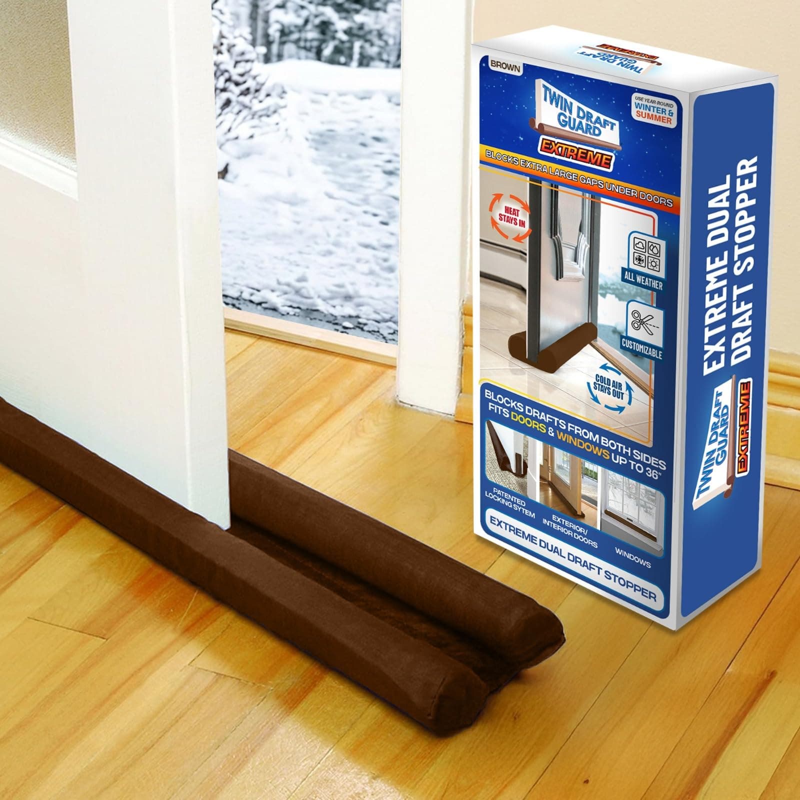 Twin Draft Guard Extreme, Original Door Draft Stopper, Single, Brown Year-Round Insulator, Trademarked and Patented Under Door Draft Stopper