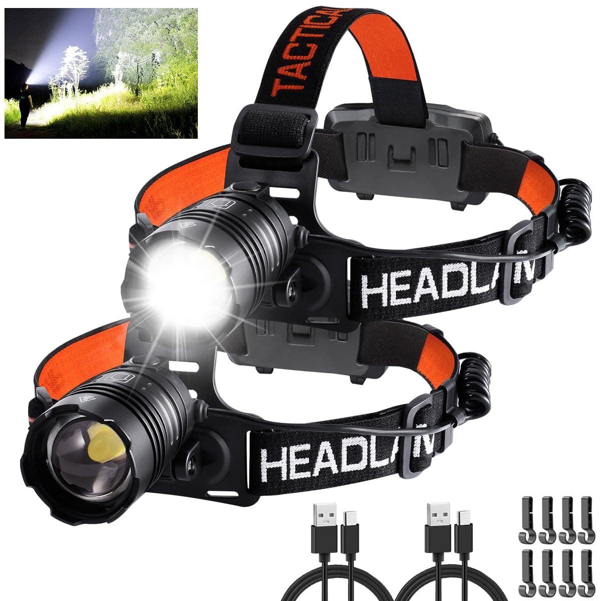 Headlamp Rechargeable 2Pack, Head lamps led rechargeable, Adjustable Focus Headlight Outdoor, 4Mode Head Lights for Forehead, 90°Angle LED Headlamp, Waterproof Headlamps for Adults Camping Hard Hat